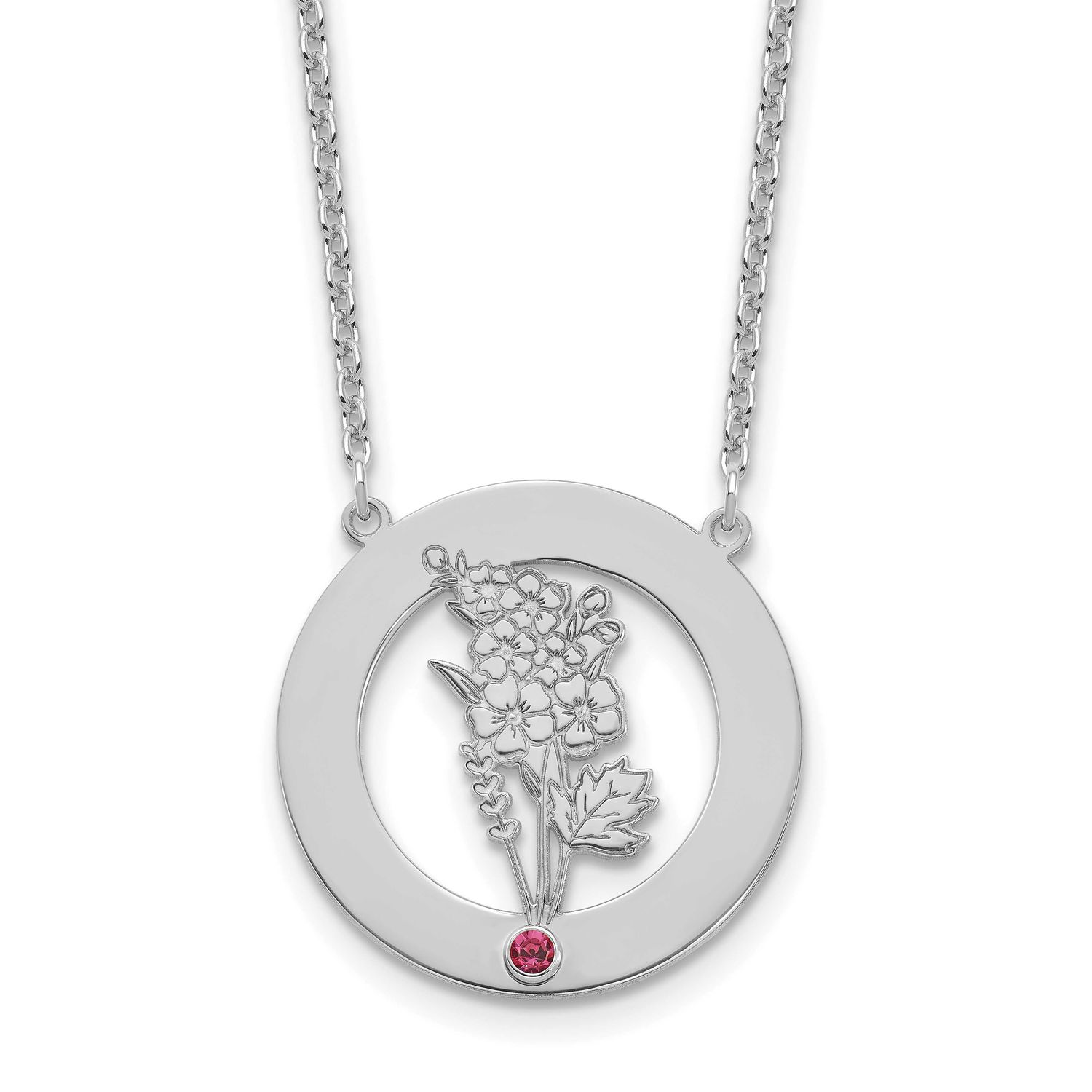Circle with 1 Birth Flower and Birthstone Necklace Sterling Silver Rhodium-plated XNA1487/1SS