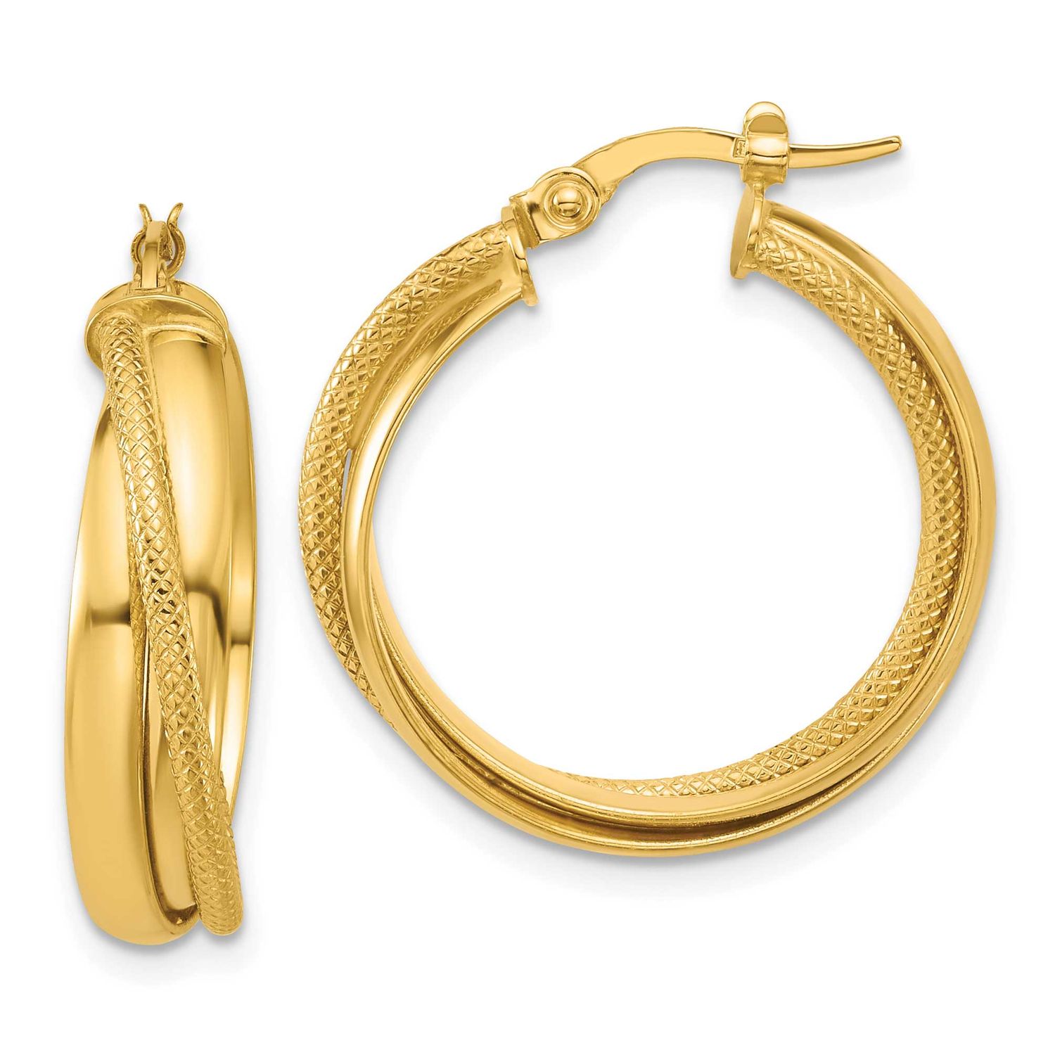 Round Hoop Earrings 14k Gold Polished and Textured LE2823