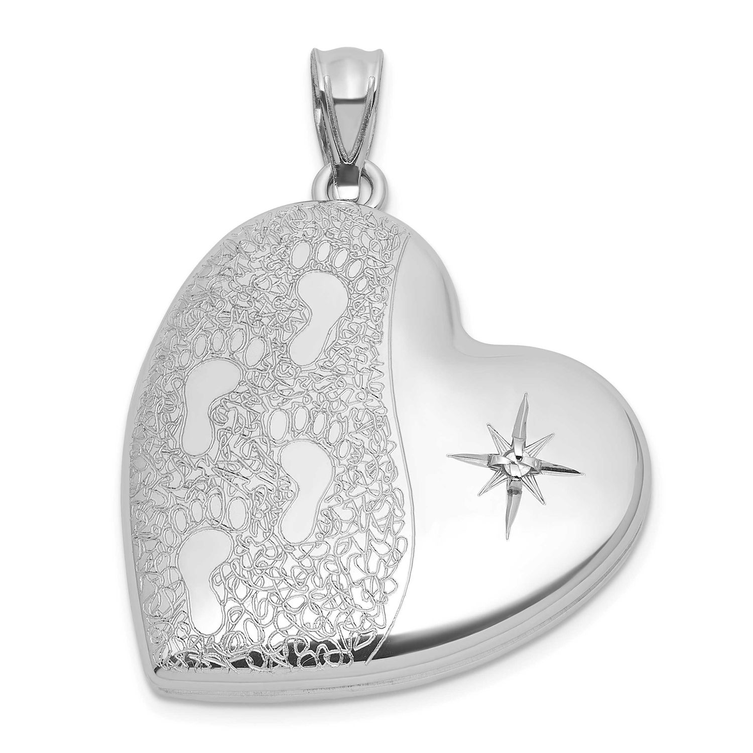 Brushed and Polished Diamond Foot Prints 24mm Heart Locket Sterling Silver Rhodium-plated QLS1201