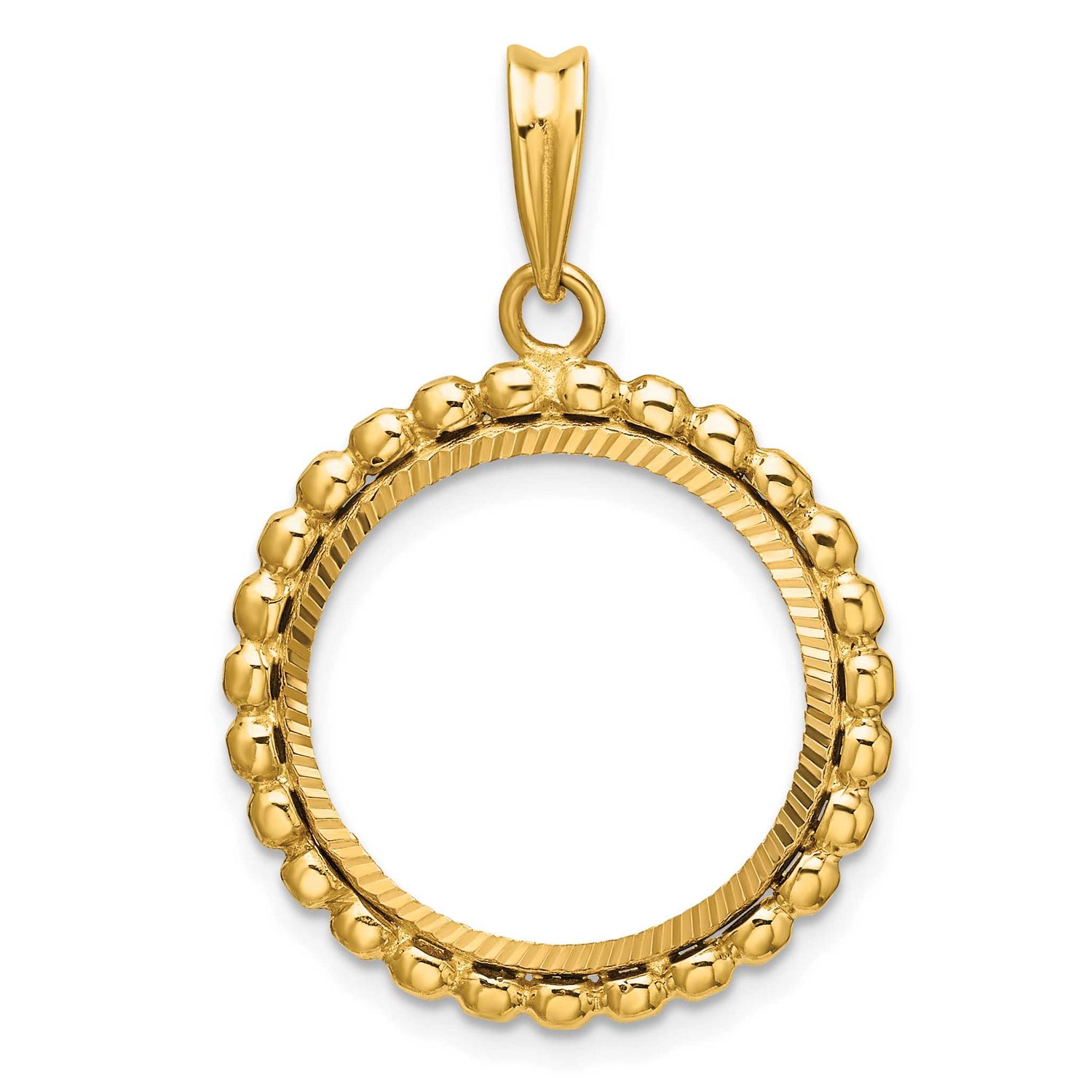 Diamond-Cut with Beaded Edge 17.8mm Prong Coin Bezel Pendant 14k Gold Polished C1011D/17.8