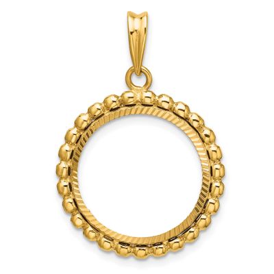 Diamond-Cut with Beaded Edge 17.8mm Prong Coin Bezel Pendant 14k Gold Polished C1011D/17.8