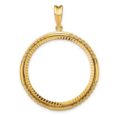 Quadruple Twist and Diamond-Cut 32.7mm Prong Coin Bezel Pendant 14k Gold Polished C1013D/32.7