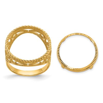 Ladies Polished Diamond-Cut and Twisted Wire Scroll Design 16.5mm Coin Bezel Ring 10k Gold 10CR11D/…