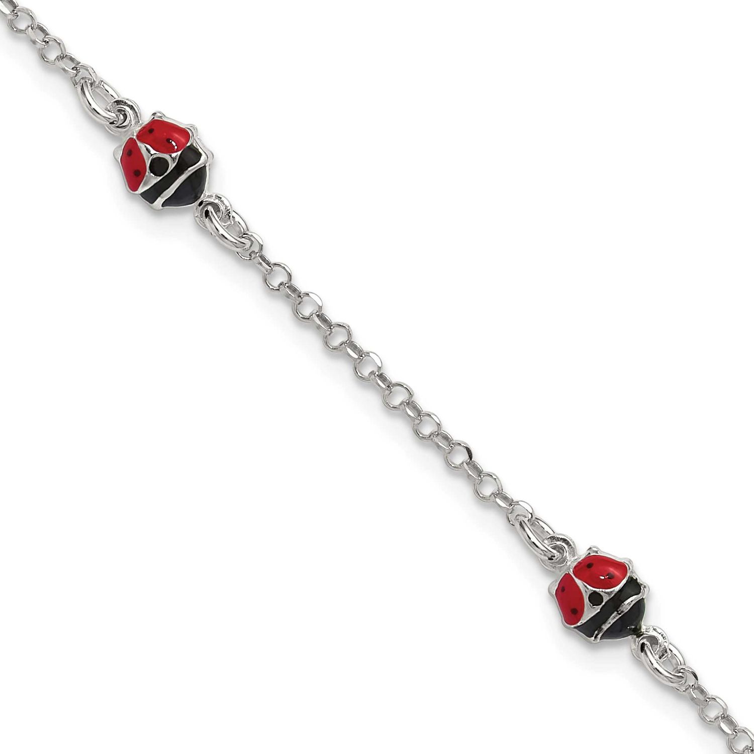 Enameled Ladybug 6 Inch with 1 Inch Extender Children&#39;s Bracelet Sterling Silver Polished QG7253-6
