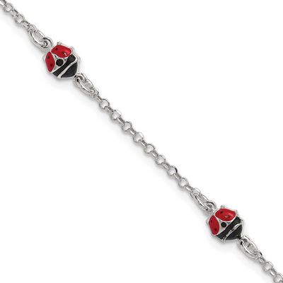 Enameled Ladybug 6 Inch with 1 Inch Extender Children&#39;s Bracelet Sterling Silver Polished QG7253-6