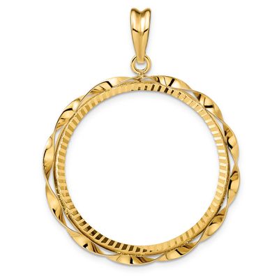 Hand Twisted Ribbon and Diamond-Cut 30.0mm Prong Coin Bezel Pendant 14k Gold Polished C3996D/30.0