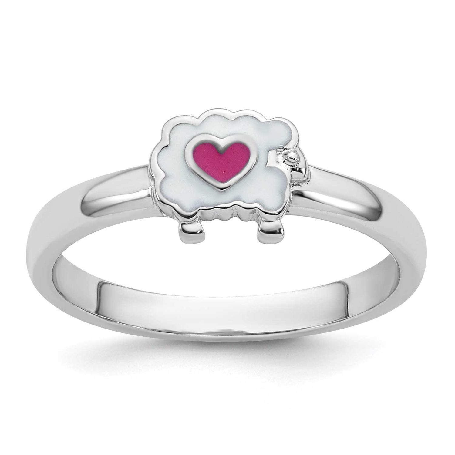 Children&#39;s Size 4 White and Pink Enamel Sheep with Heart Ring Sterling Silver Rhodium-plated QR7656…