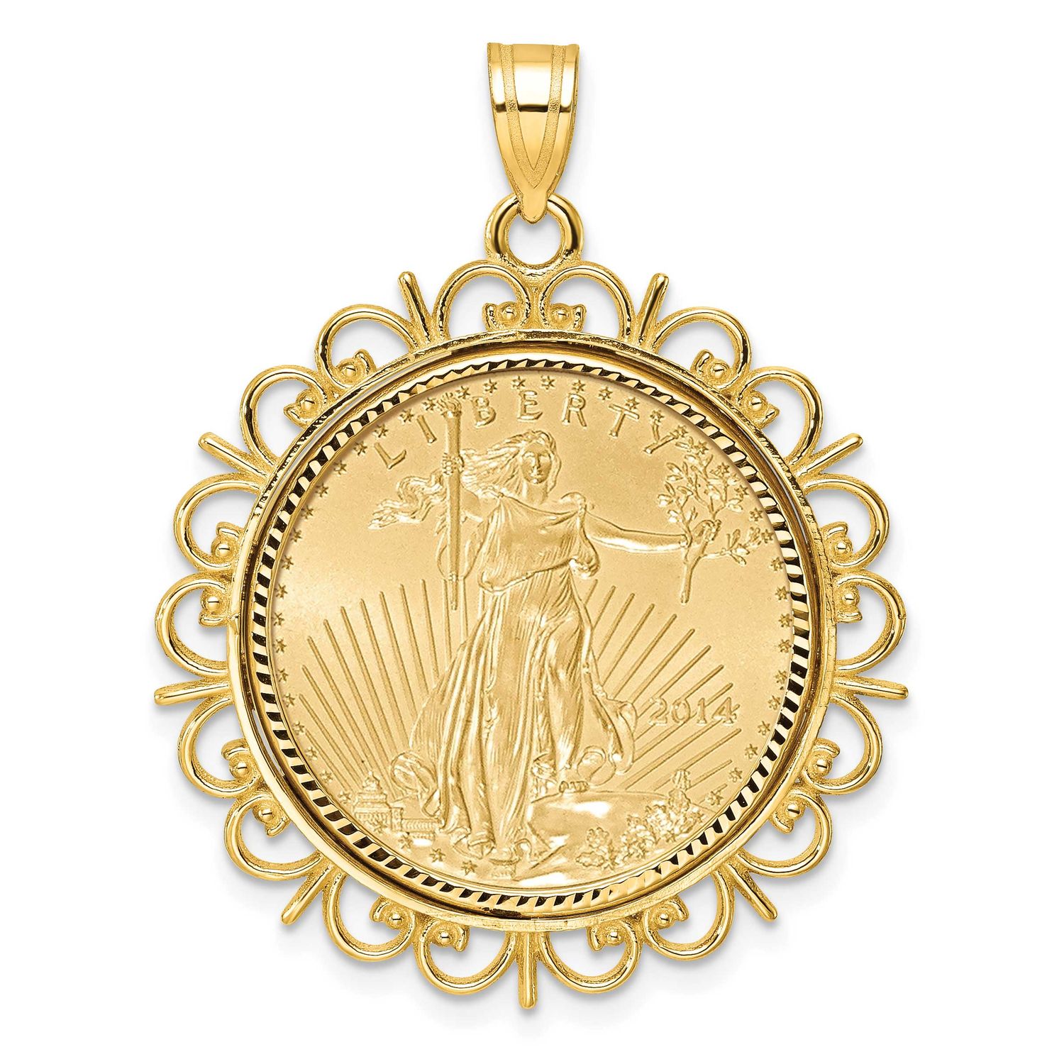 Fancy Diamond-Cut Prong Mounted 1/4Oz American Eagle Coin Bezel Pendant 14k Gold C8198/22.0C