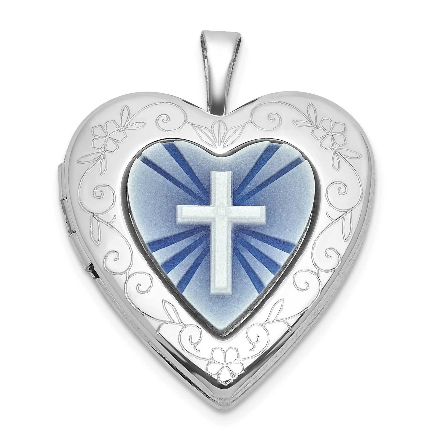 Brushed and Polished Blue Cross Resin Cameo 20mm Heart Locket Sterling Silver Rhodium-plated QLS1205