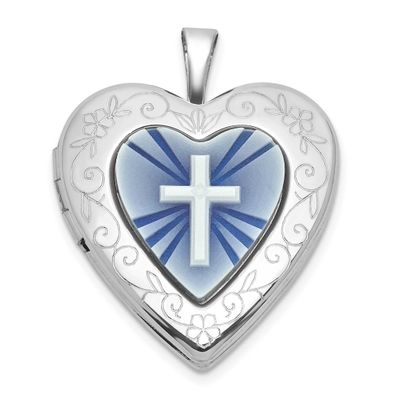 Brushed and Polished Blue Cross Resin Cameo 20mm Heart Locket Sterling Silver Rhodium-plated QLS1205