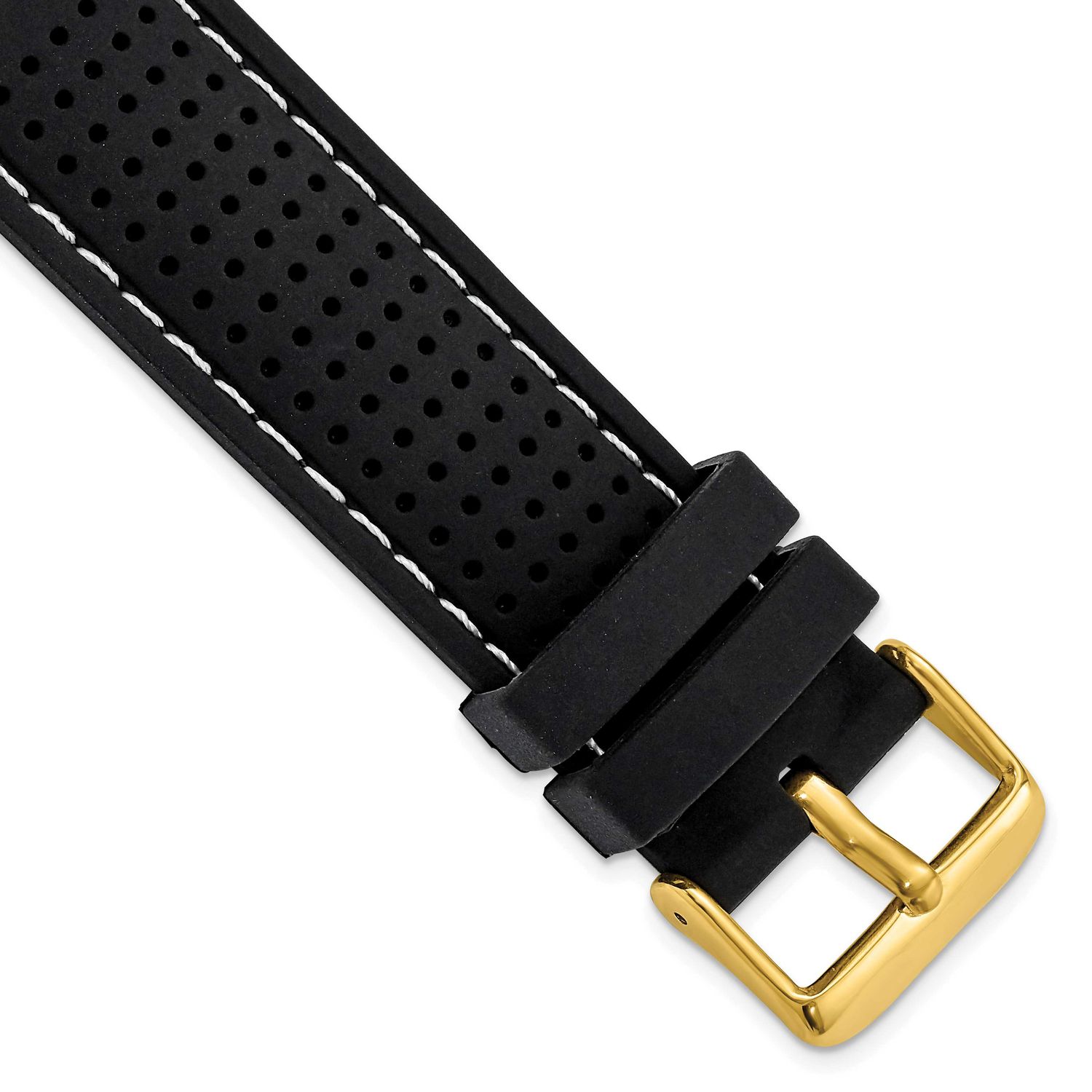 Debeer 22mm Black Ventilated Silicone with White Stitching and Gold-Tone Buckle 8 Inch Watch Band B…