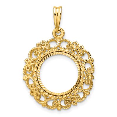 Textured and Diamond-Cut Victorian 13.0mm Prong Coin Bezel Pendant 14k Gold Polished C2819D/13.0