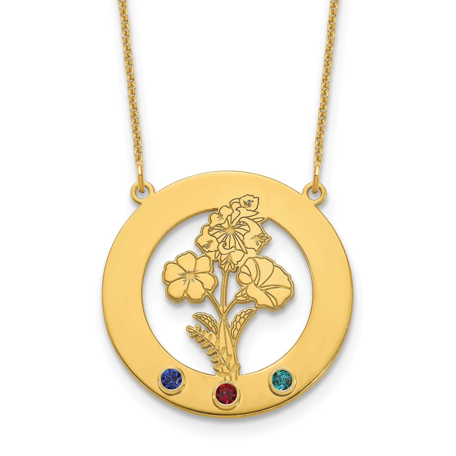 Circle with 3 Birth Flower and Birthstone Necklace 10k Gold 10XNA1487/3Y