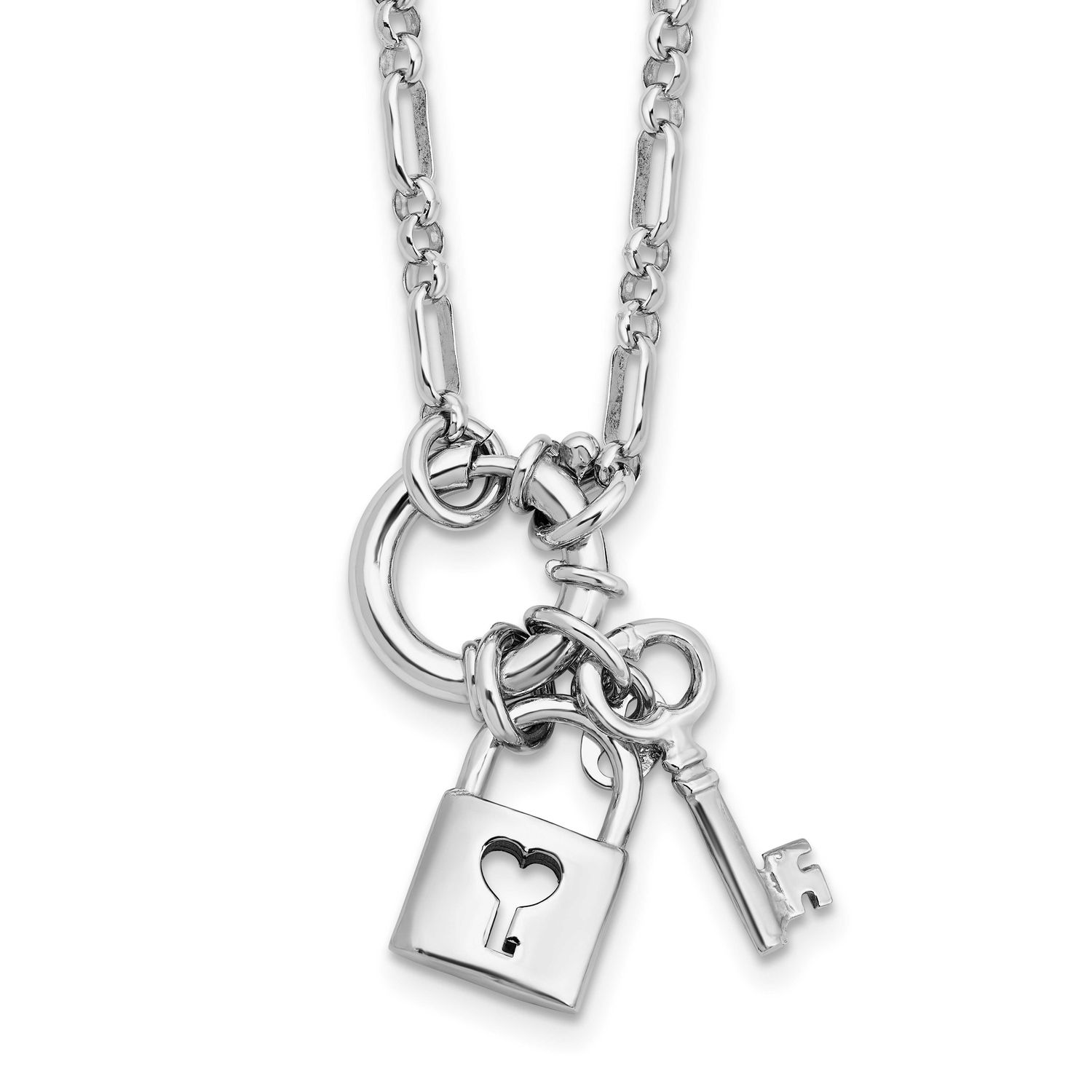 Polished Lock and Key Necklace Sterling Silver Rhodium-plated QLF1376-17.75 196904290316