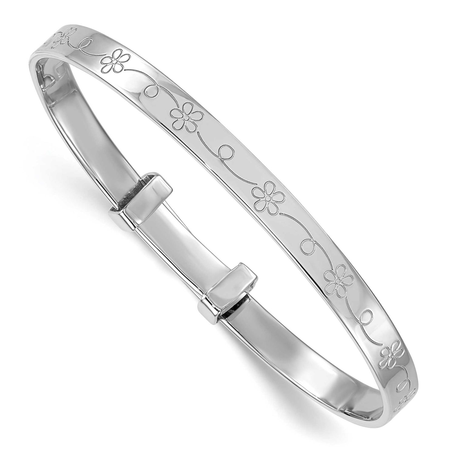 Floral Pattern Children&#39;s Adjustable Bangle Sterling Silver Rhodium-plated QB1645