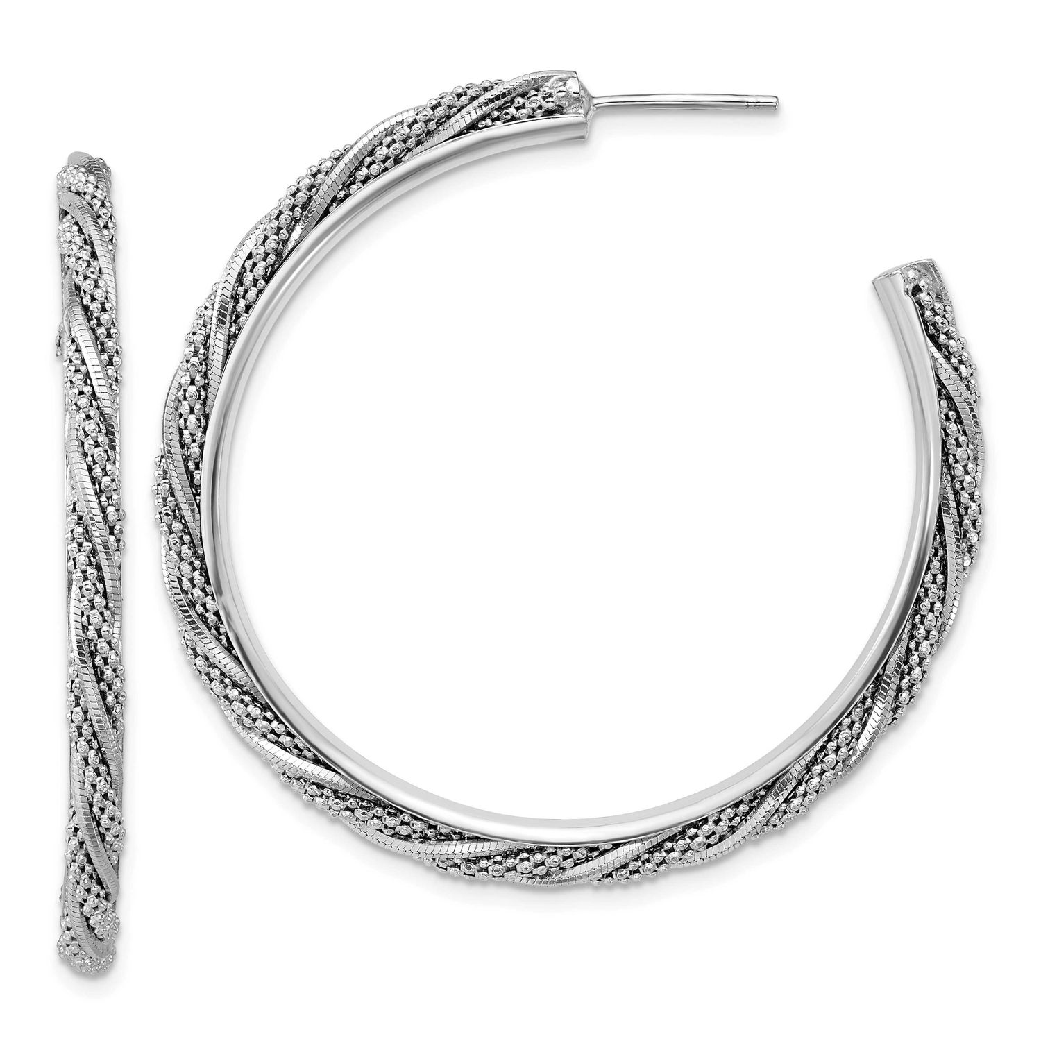 Polish/Textured Twisted J-Hoop Post Earrings Sterling Silver Rhodium-plated QLE1547