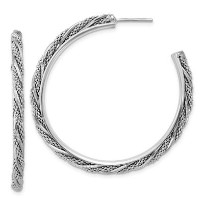 Polish/Textured Twisted J-Hoop Post Earrings Sterling Silver Rhodium-plated QLE1547