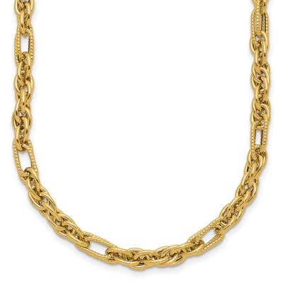 Fancy Link Necklace 14k Gold Polished and Textured LF2107-18 196904317174