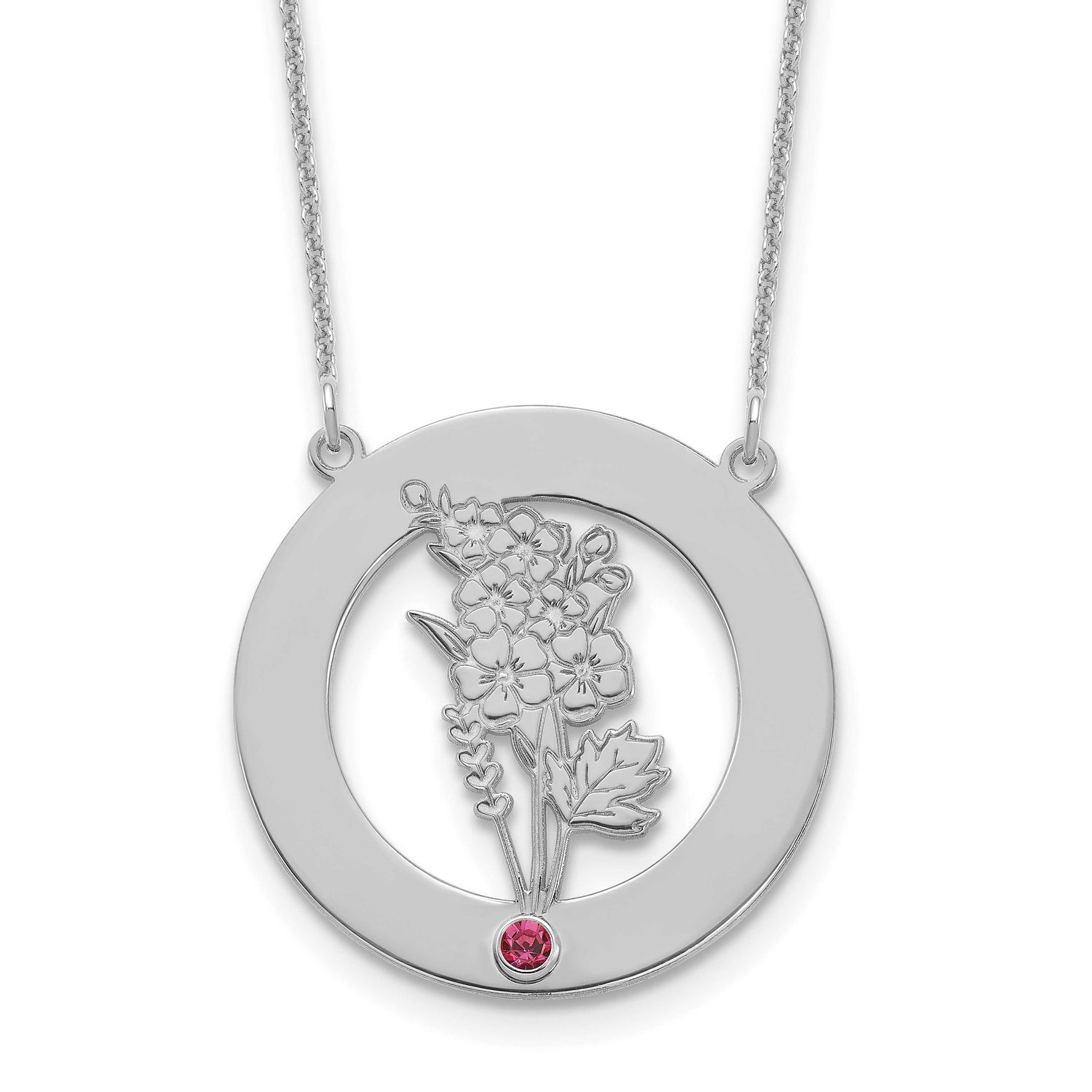 Circle with 1 Birth Flower and Birthstone Necklace 14k White Gold XNA1487/1W