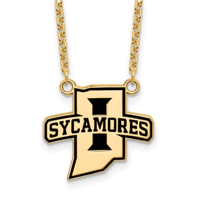 Indiana State University Sycamores Large Enameled Pendant 18 Inch Necklace Sterling Silver Gold-pla…