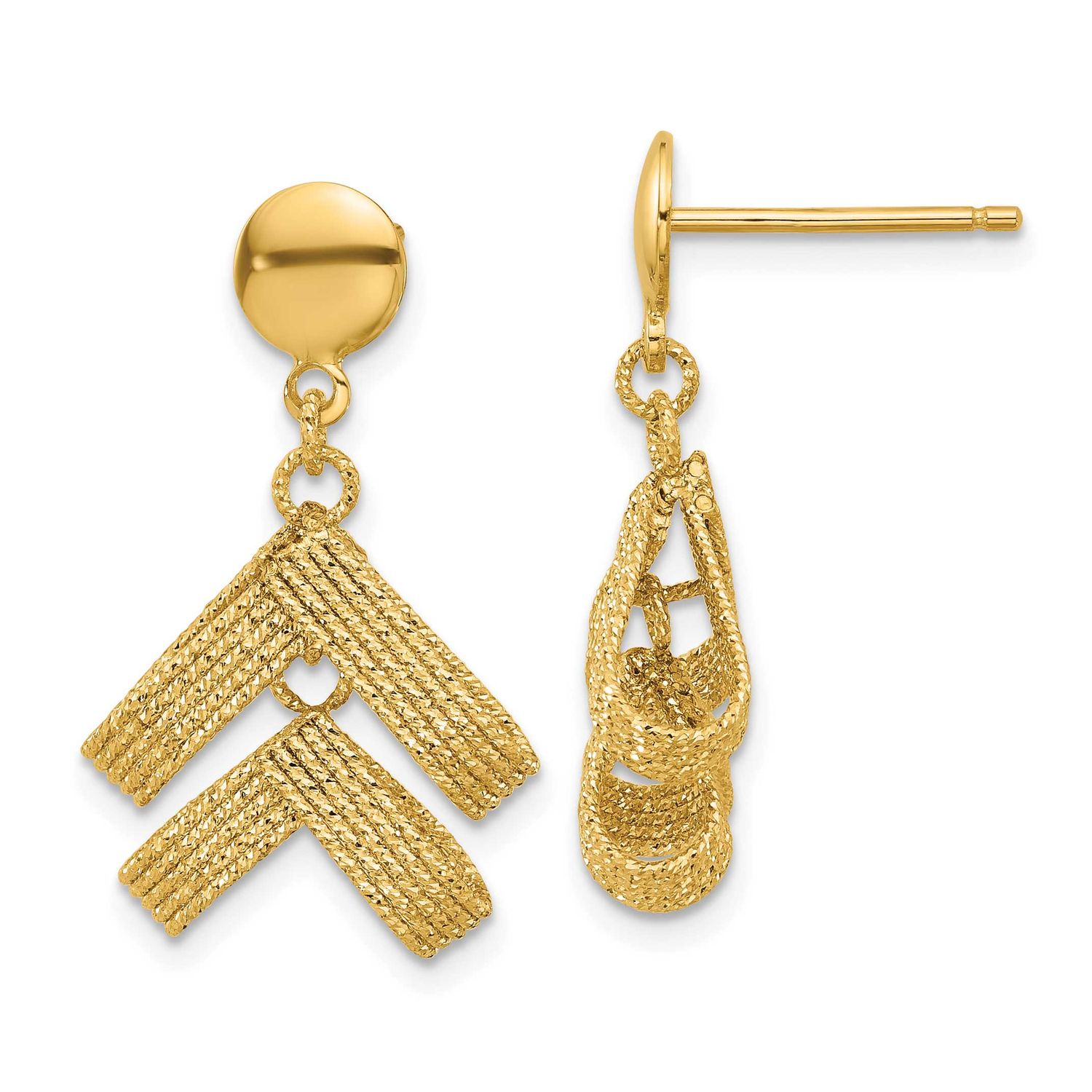 Fancy Dangle Post Earrings 14k Gold Polished and Textured LE2674 196904334546