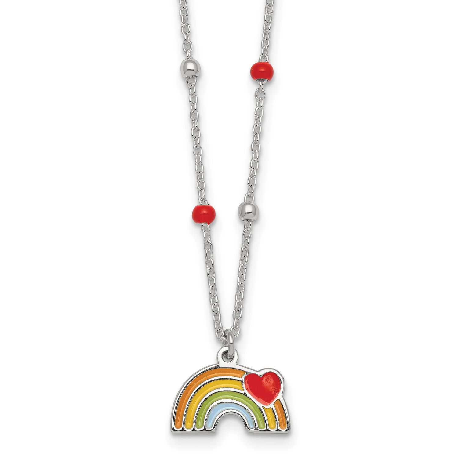 Beaded Enameled Heart Rainbow Children&#39;s Necklace Sterling Silver QG7273-14