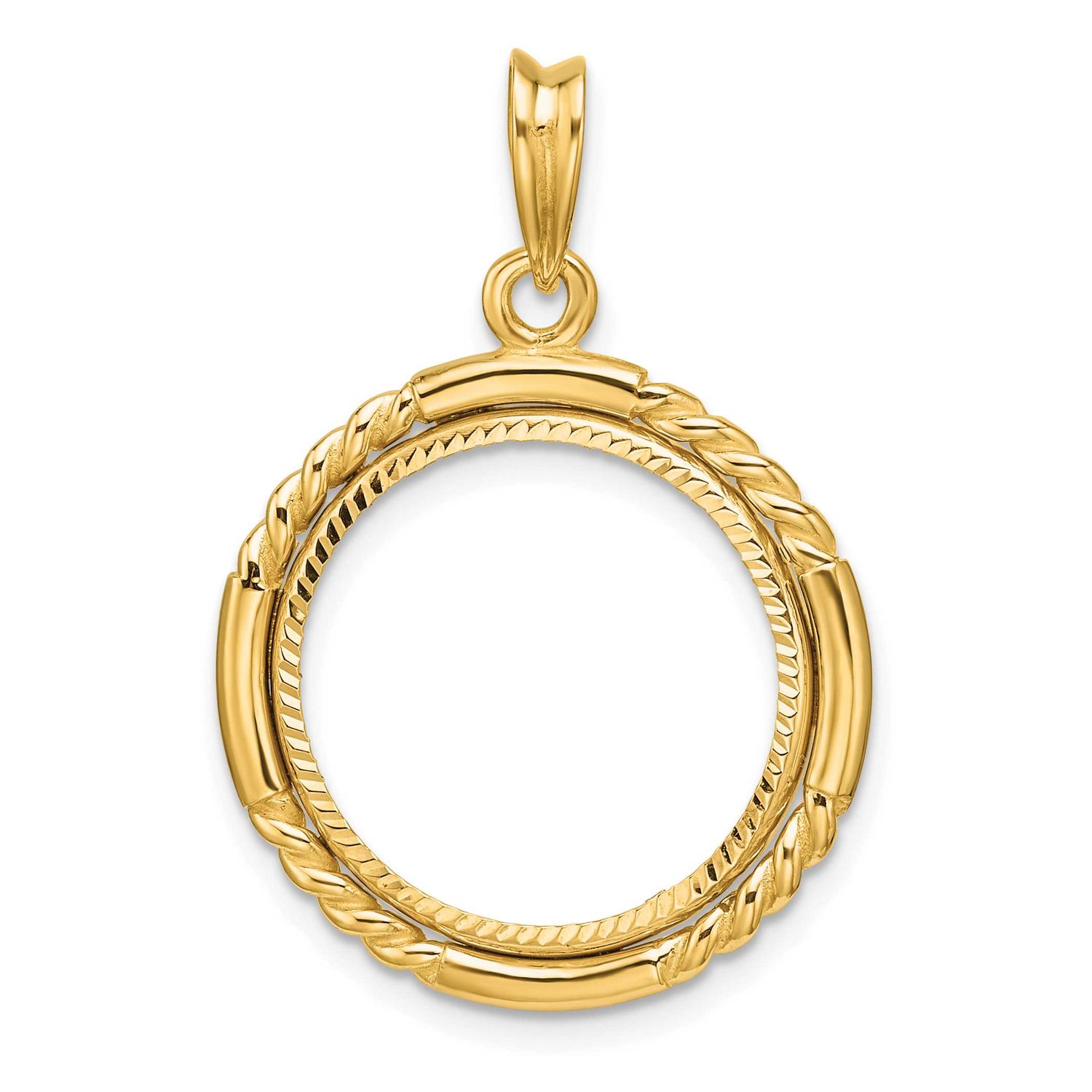 Quadruple Twist and Diamond-Cut 17.8mm Prong Coin Bezel Pendant 14k Gold Polished C1013D/17.8