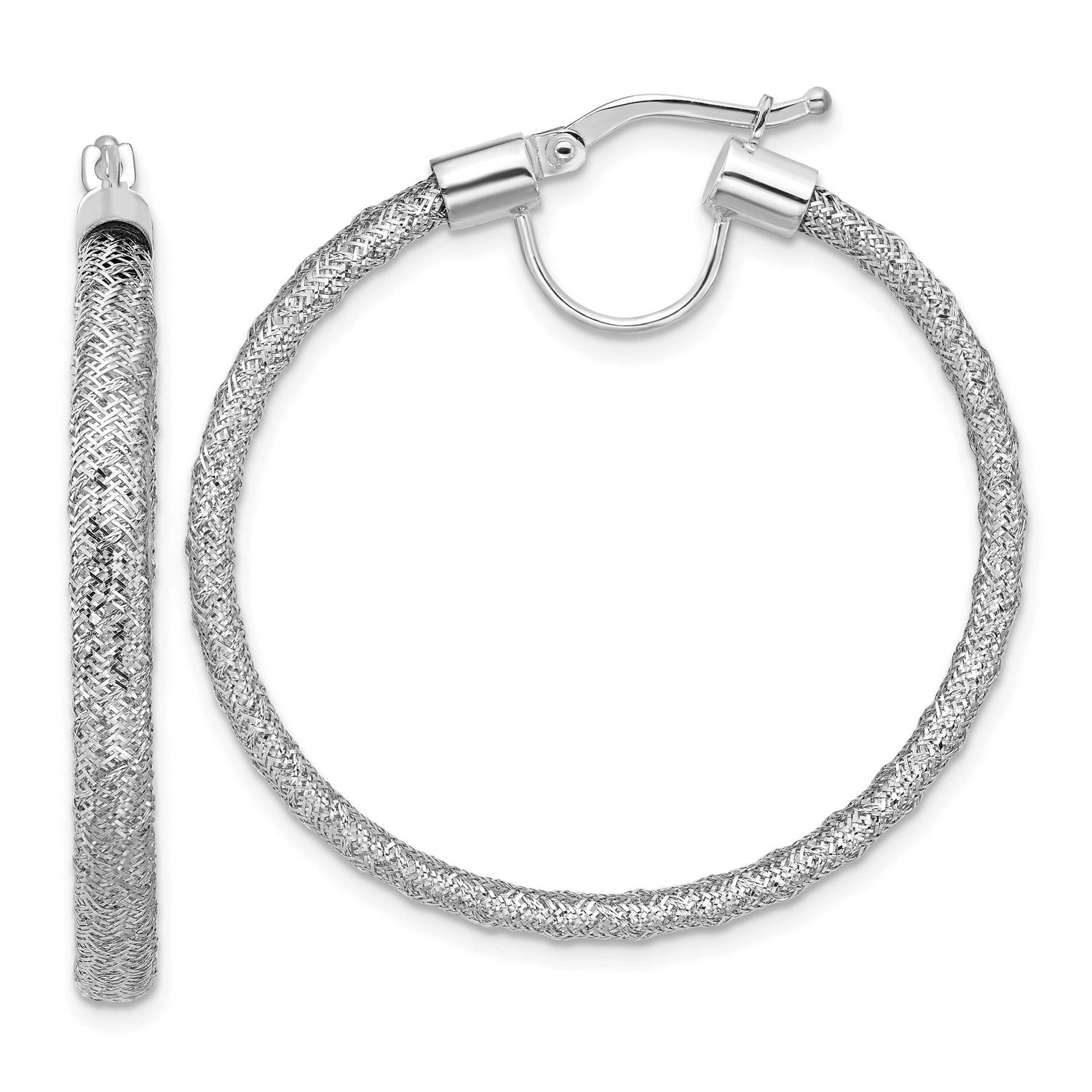 White Rh-Plating Polished Mesh Round Hoop Earrings 14k Gold LE2777W