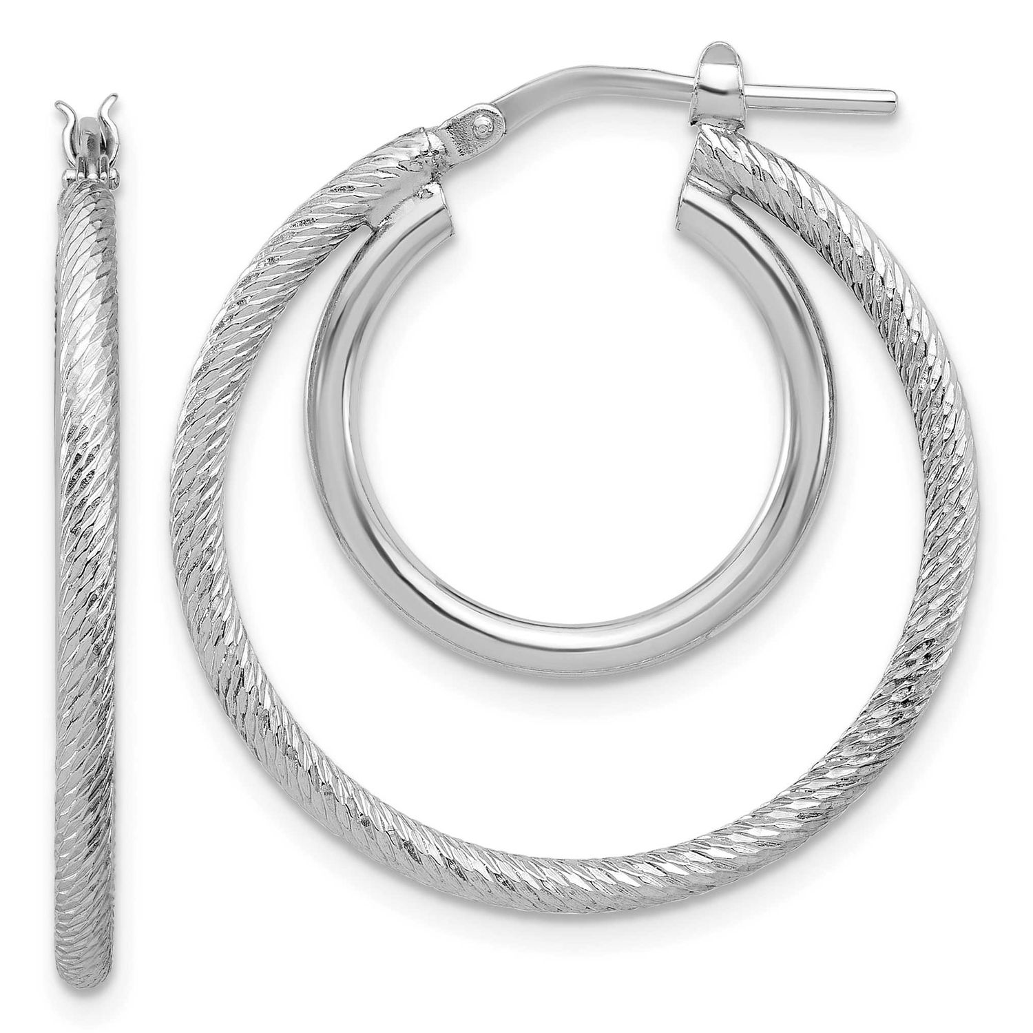 Polished and Textured Double Hoop Earrings Sterling Silver Rhodium-plated QLE1488