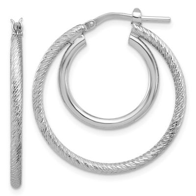 Polished and Textured Double Hoop Earrings Sterling Silver Rhodium-plated QLE1488