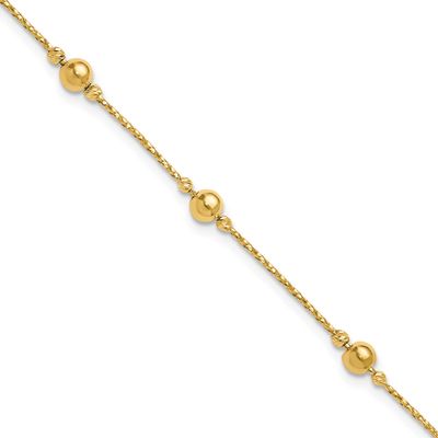 Textureddiamond-Cut Beads with 1 Inch Extender Bracelet 14k Gold Polished LF2076-7