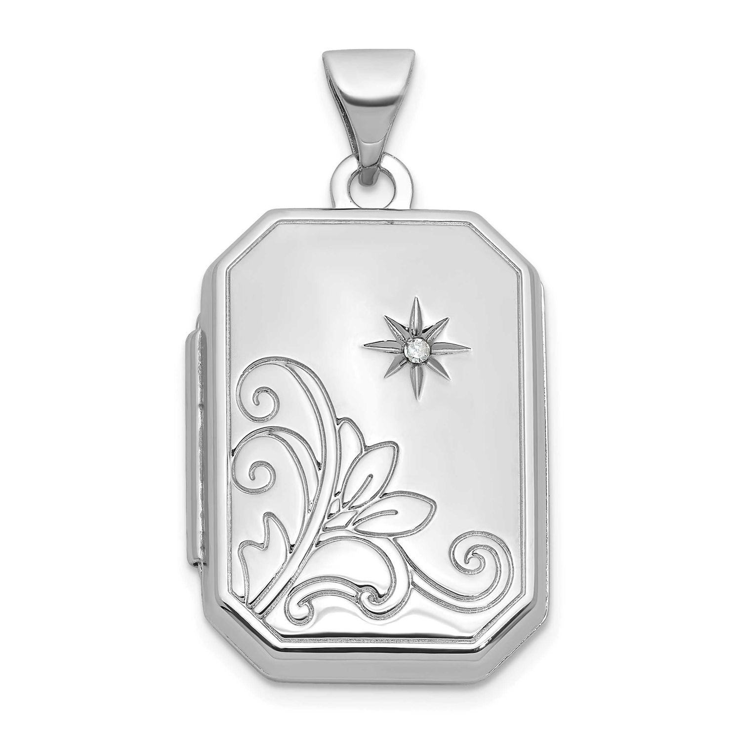 Diamond Flower and Star 20mm Rectangle Locket Sterling Silver Rhodium-plated QLS1256