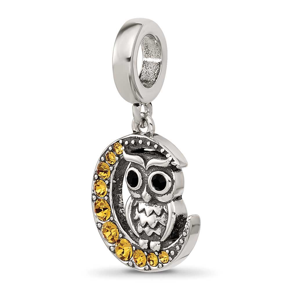 Crystal Owl Sitting On Moon Dangle Bead Sterling Silver QRS4522 196904279366