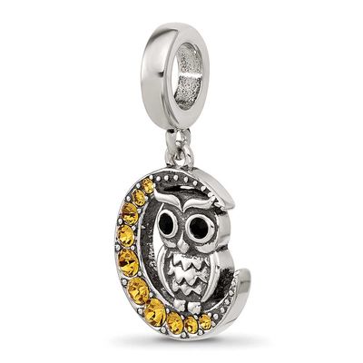 Crystal Owl Sitting On Moon Dangle Bead Sterling Silver QRS4522 196904279366