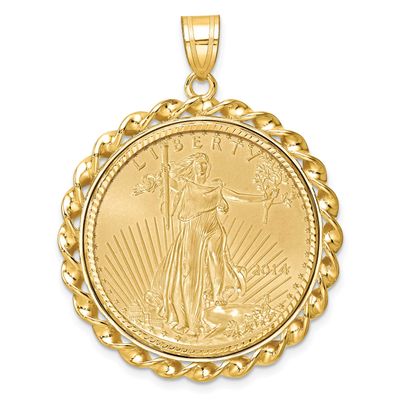 Diamond-Cut &amp; Twisted Wire Prong Mounted 1/2Oz American Eagle Coin Bezel Pendant 14k Gold C8181/27.…