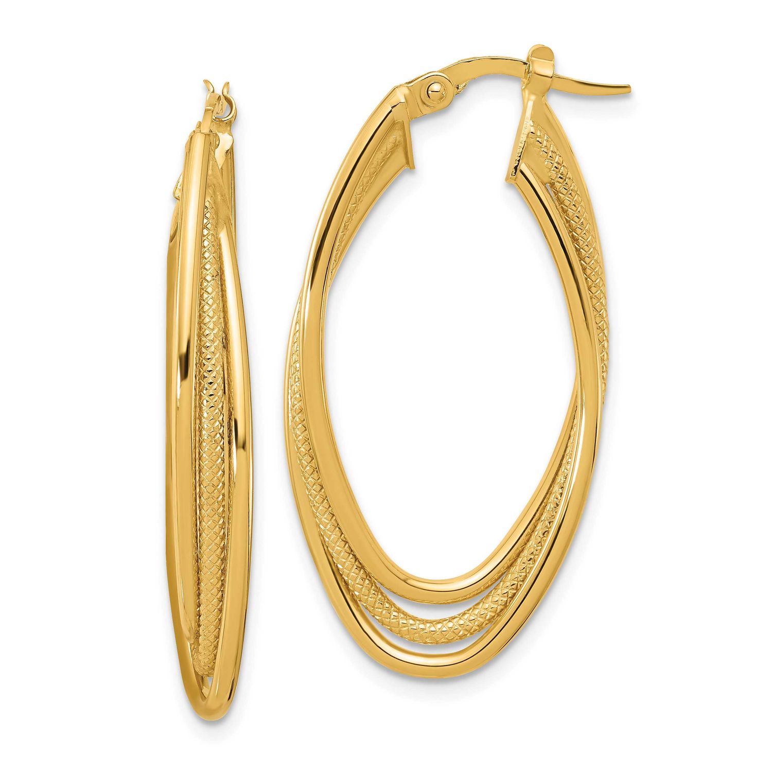 Triple Oval Twist Hoop Earrings 14k Gold Polished and Textured LE2737 196904339169