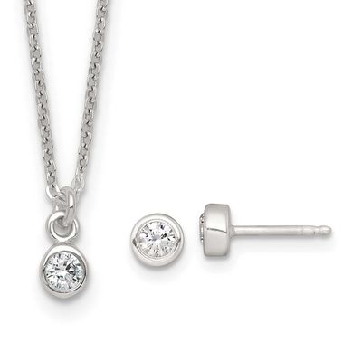 CZ Kids Post Earring and Necklace Set Sterling Silver QST294SET