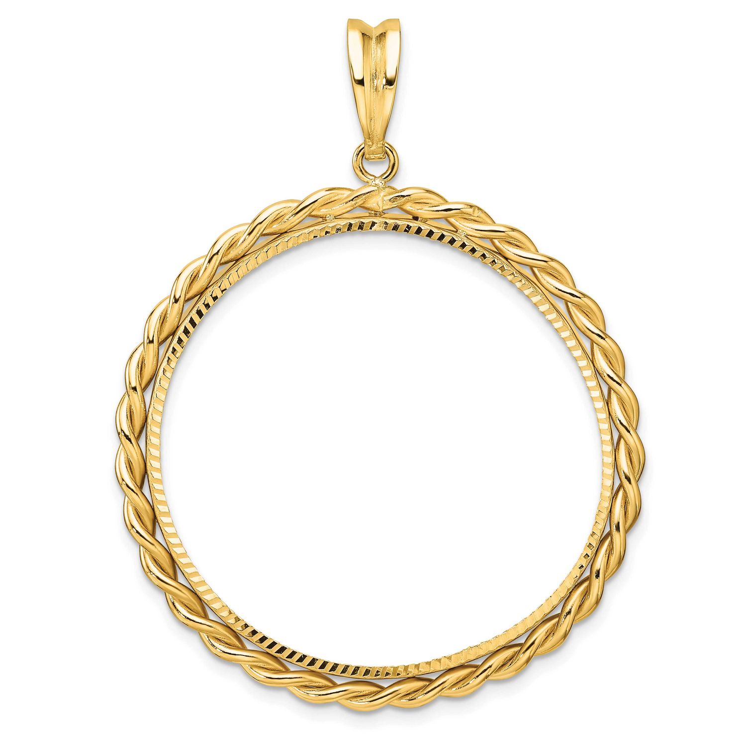 Diamond-Cut with Twisted Wire 34.2mm Prong Coin Bezel Pendant 14k Gold C1802D/34.2