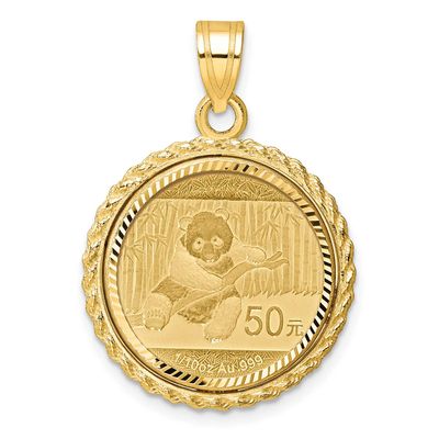Diamond-Cut Casted Rope Prong Mounted 1/10Oz Panda Coin Bezel Pendant 14k Gold C8186/18.0C