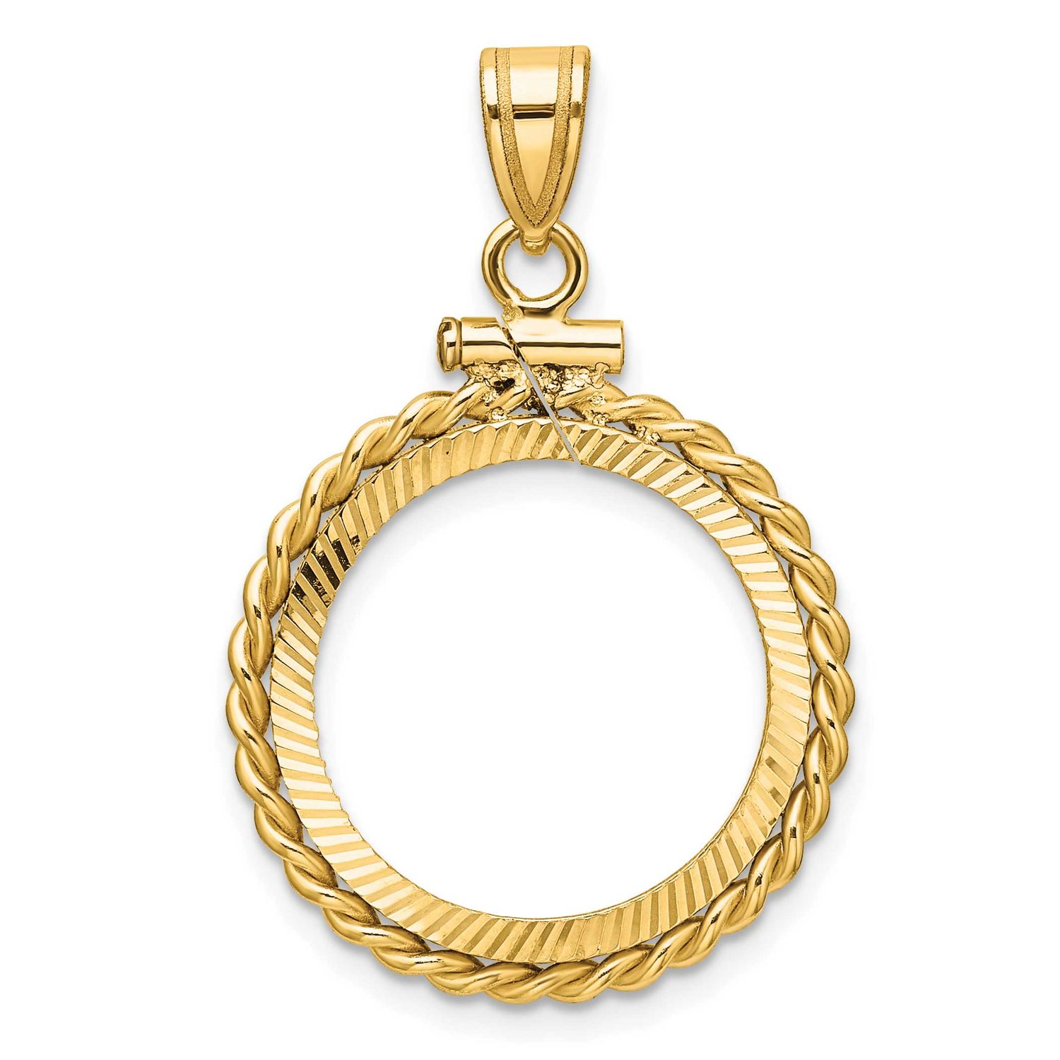Twisted Wire and Diamond-Cut 17.8mm x 1.35mm Screw Top Coin Bezel Pendant 14k Gold Polished C2271D/…