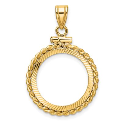 Twisted Wire and Diamond-Cut 17.8mm x 1.35mm Screw Top Coin Bezel Pendant 14k Gold Polished C2271D/…