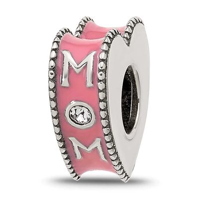 Crystal and Enamel Pink Heart Mom Bead Sterling Silver QRS4528 196904278901