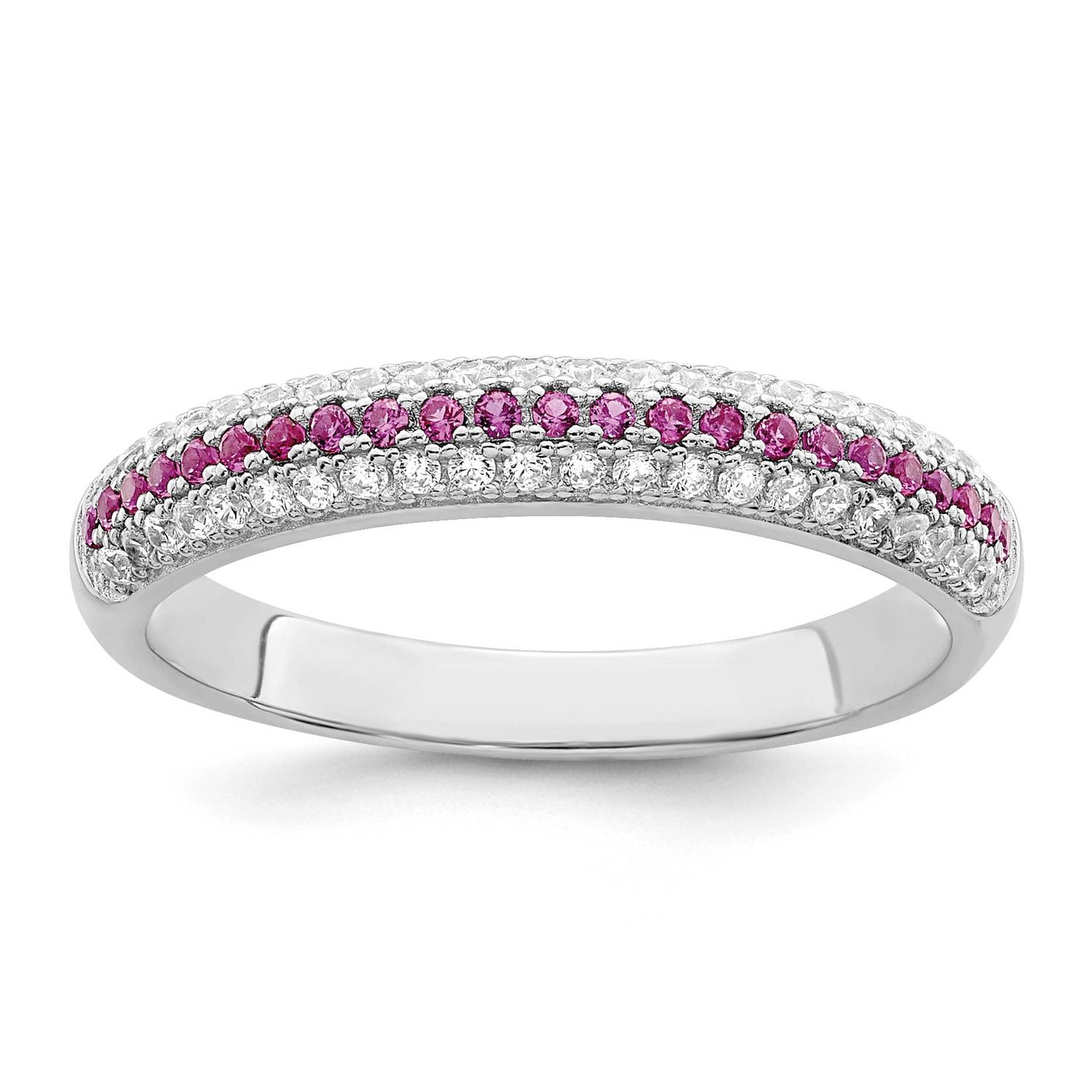 Brilliant Embers 67 Stone Red and White Micro Pavc CZ Polished Ring Sterling Silver Rhodium-plated …