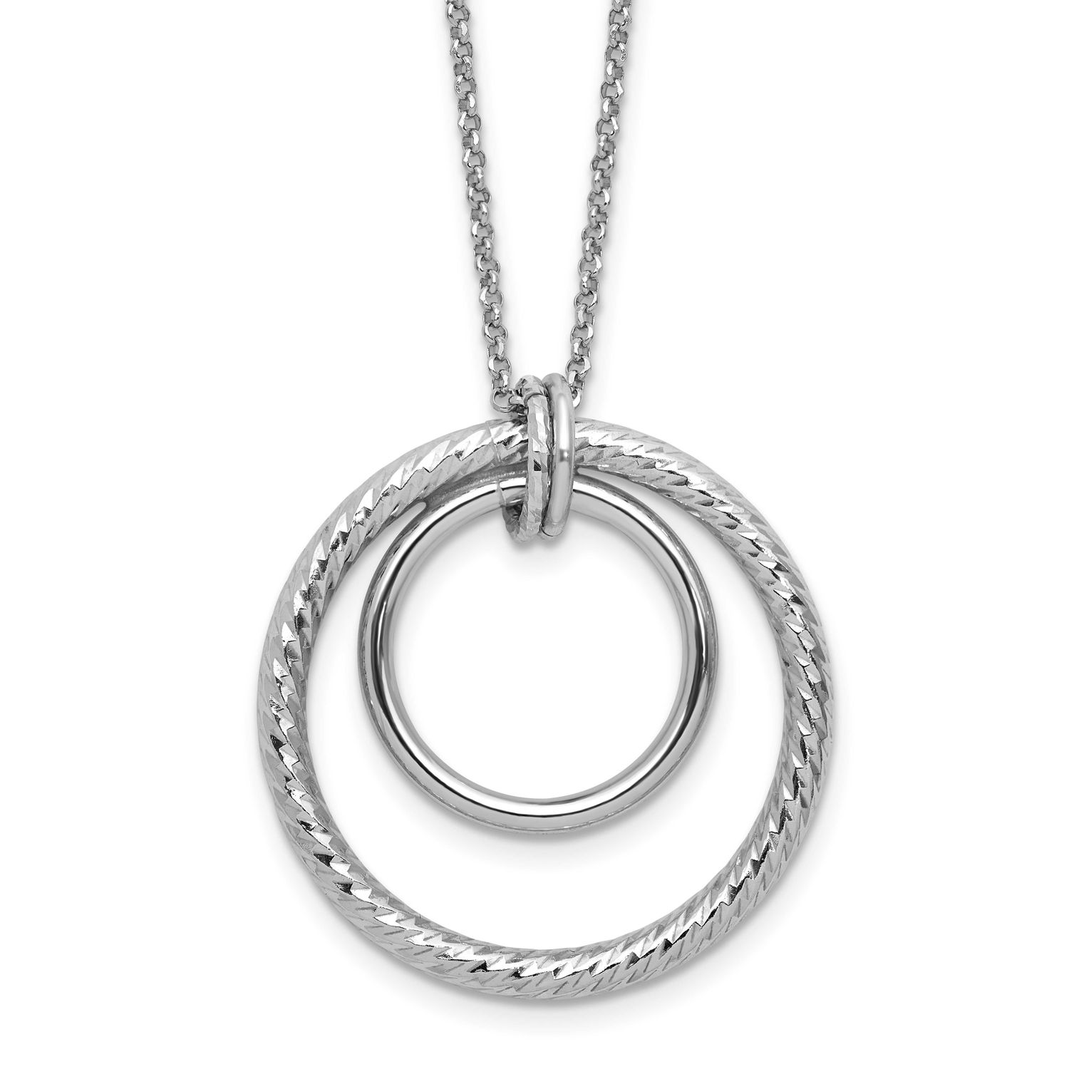 Polished / Diamond-Cut Circle with 2 Inch Extender Necklace Sterling Silver Rhodium-plated QLF1432-…