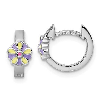 Children&#39;s Purple, Yellow and Pink Enamel Flower Hinged Hoop Earrings Sterling Silver Rhodium-plate…