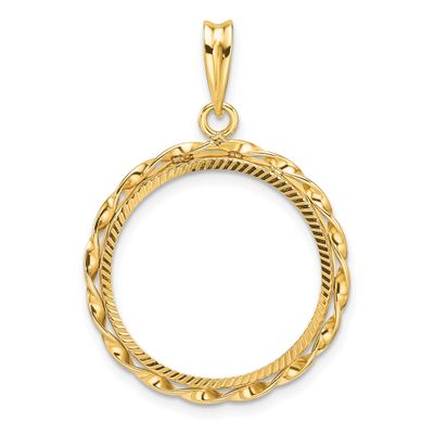 Hand Twisted Ribbon and Diamond-Cut 20.0mm Prong Coin Bezel Pendant 14k Gold Polished C3996D/20.0