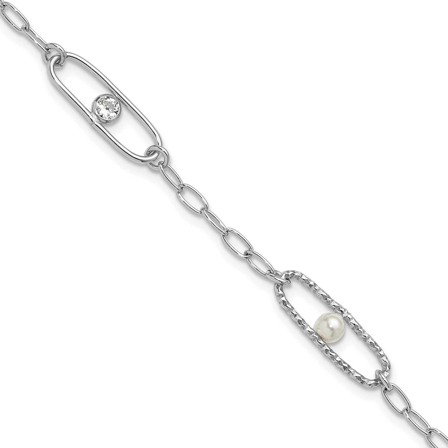 CZ and Crystal Pearl with 1 Inch Extender Brace Sterling Silver Rhodium-plated QLF1422-7