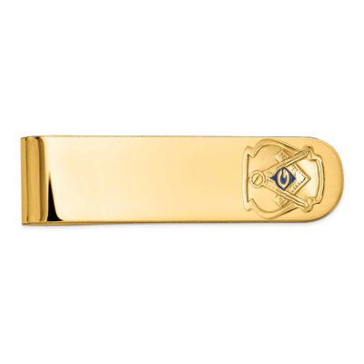 Men&#39;s Polished and Textured with Blue Enamel Masonic Small Money Clip 14k Gold B57643-MCA