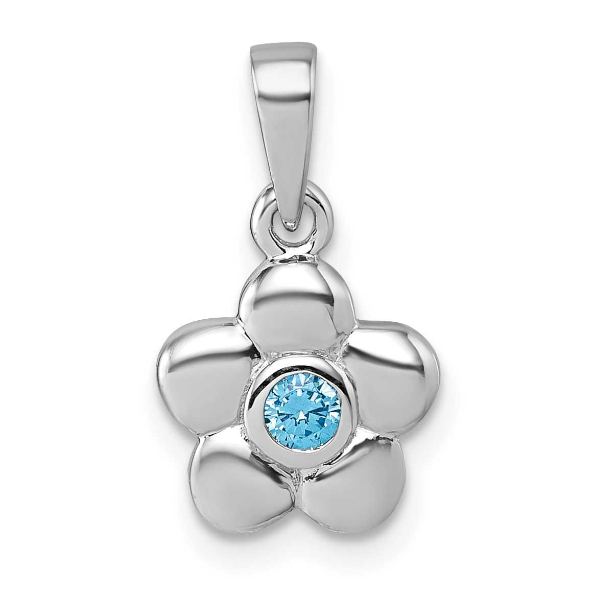 Children&#39;s Polished Blue CZ Flower Pendant Sterling Silver Rhodium-plated QP5962