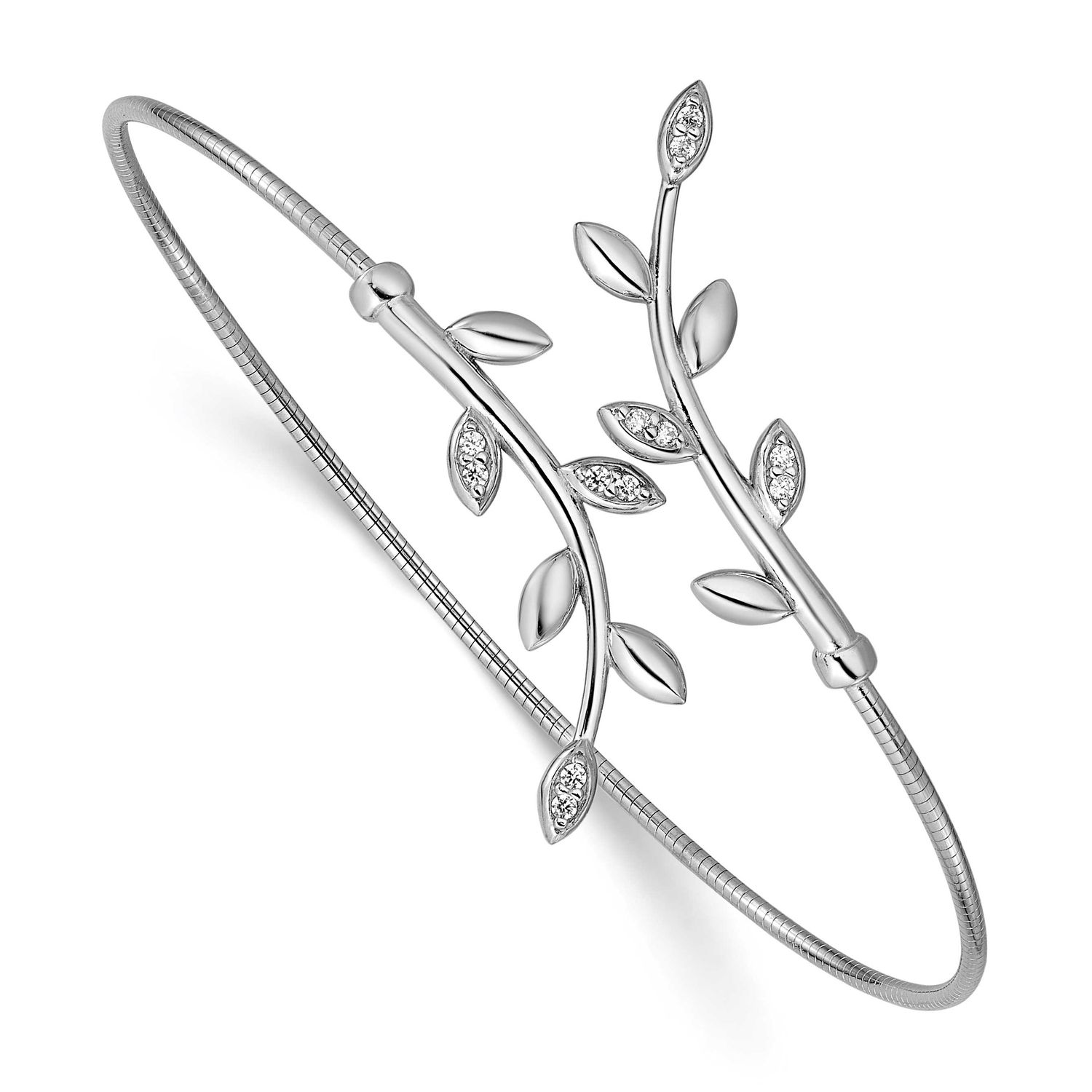 Polished CZ Leaf Bypass Flexible Cuff Bangle Sterling Silver Rhodium-plated QLF1471 196904322253